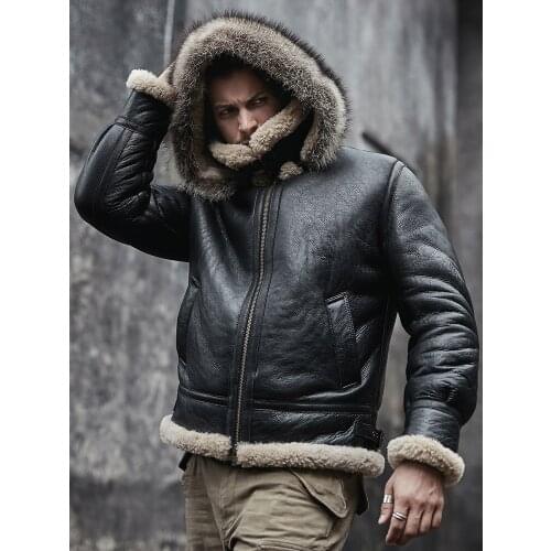 2020 New Mens Sheepskin Shearling Jacket Detachable Hooded B3 Flight Jacket Raccoon Fur Collar Aviator Coat