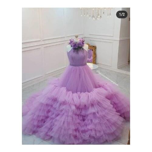 New Lavender Flower Girl Dress for Wedding Party Tiered Tulle 3D flowers Little Princess Birthday Dress Pageant Gown