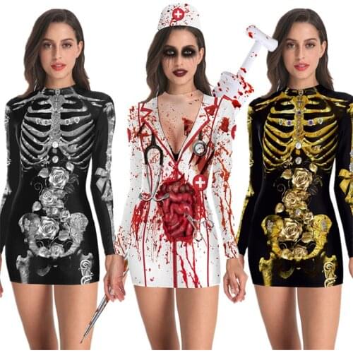 New Helloween Cosplay Scary Costume Dress for Adult Skeleton Bodysuit American Carnival Party Performance Devil Ghost Women