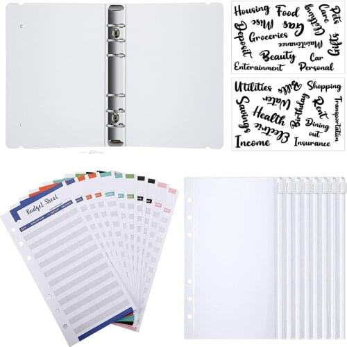 A6 Plastic Clear Binder Envelopes Cover with Snaps and 8 Binder Zipper Pockets,12 Expense Budget Sheets,2 Letter Sticker Label