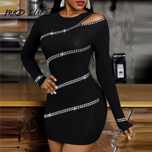 Studded One Shoulder Long Sleeve Bodycon Dress Women Sexy Party Club Dress Dropshipping