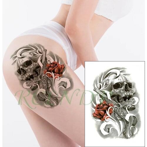 Waterproof Temporary Tattoo Sticker skull head gun red rose flower Fake Tatto Flash Tatoo big size tattoos for kid Women Men