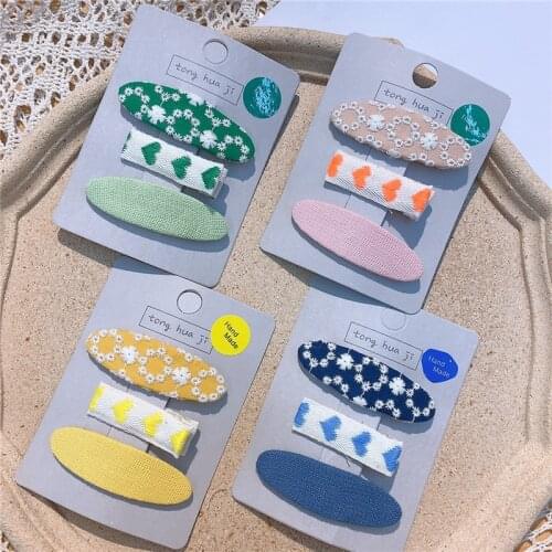 3 Pcs New Korean Sweet Girl Simple Small Fresh Embroidery Love Flowers Hairpins Fashion Childrens BB Clip Hair Accessories