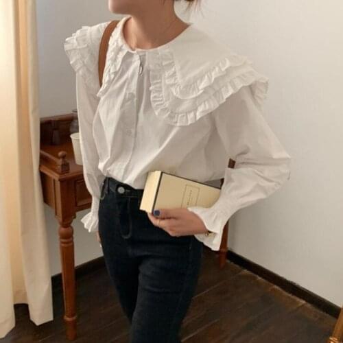 Korean Blouse Doll Collar Long Sleeve Shirts Women Solid Casual Loose Fashion Sweet Ruffle Fashion Blusas Chemise Femme Crop Top