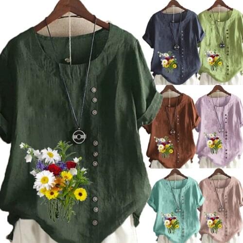 Womens Summer Round Neck Short Sleeve T-shirt Casual Cotton Linen Graphic Shirt Leisure Fashion Loose Printed Blouse Tops