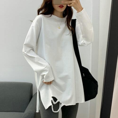 Woman Tshirts Plus Size Slit Ripped Womens Autumn Winter Coat Loose T-shirt Tops Mujer Camisetas