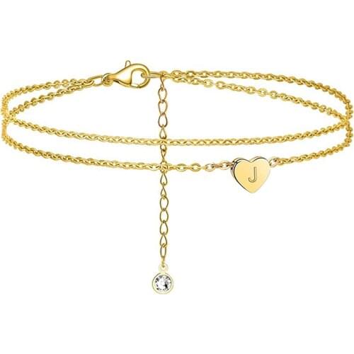 Boho Heart Initial Letter Anklet Alphabet Crystal Multi-layer Chain Anklets For Women Fashion Summer Beach Foot Jewelry