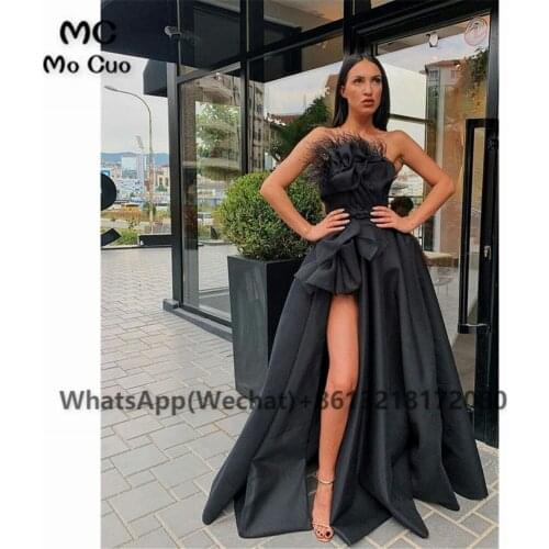 Womens Strapless Black Feather Prom Dresses Pockets Evening Gown Draped Front Slit Prom Evening Dress 2021 New