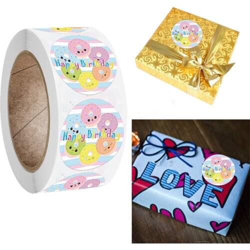 500pcs 2.5cm Cute Happy Birthday Stickers Donut Cartoon Label Children Birthday Gift Wrapping Decorations Stationery Sticker