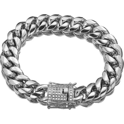 14MM Fashion NewStainless Steel Silver Color New Crystal BuckleCuban Curb Chain Mens Womens Bracelet Wristband Fashion Jewelry