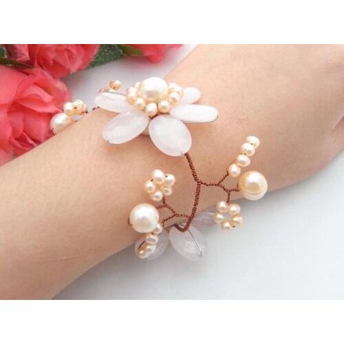 YYGEM Handmade Natural Pink Freshwater Pearl Oval Rose Quartz Flower Statement Wrap Bracelet