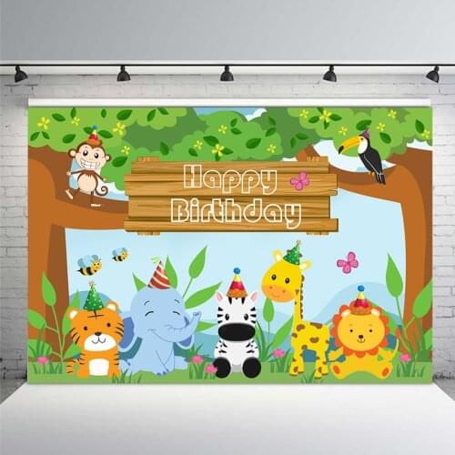 Birthday Theme Party Photographic Backdrops Forest Banners with Various Animals Background Spring Backdrops for Photocall