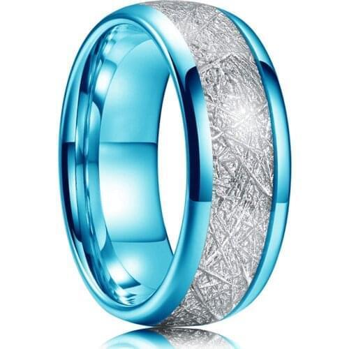 Trendy 8MM Men Blue Polished Tungsten Carbide Ring With Silvery Meteorite Inlaid Carbon Fibre Ring Men Wedding Band Wholesale