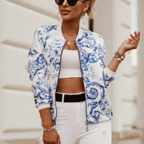Flower Print Long Sleeve Womens Bomber Jacket Fashion Zipper Up Vintage Coat Tops Elegant Slim Basic Ladies Jackets Outwear
