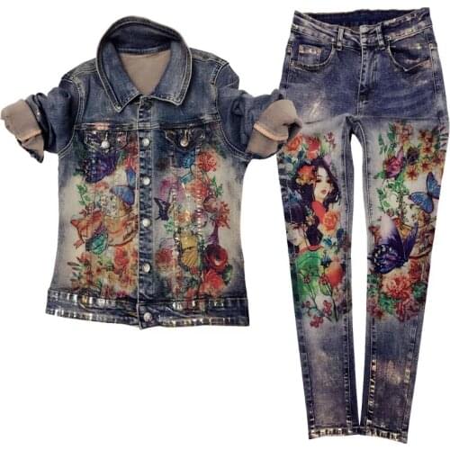 Flowers Print Jacket Pants Suit Two Pcs Elastic Material Painting Fashion Trends Women Jacket Pant Set Skinny Jeans Jacket