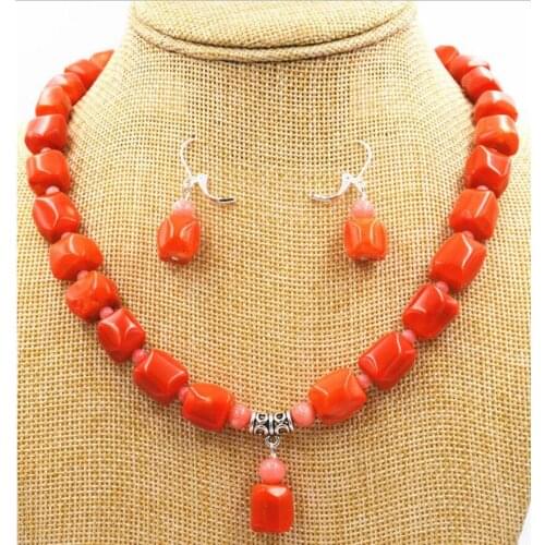 Fashion Natural pink orange CORAL Necklace earring Gem stone Beads 18"