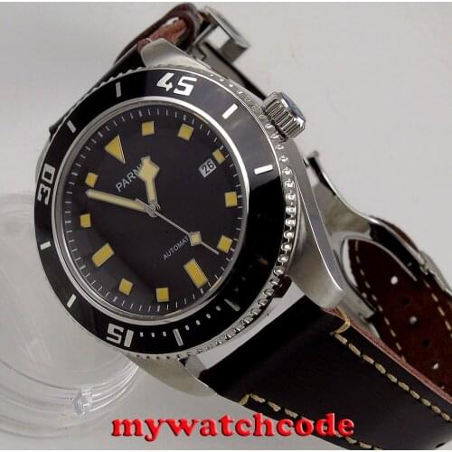 43mm Parnis black dial sapphire glass date miyota automatic mens wristwatch P704