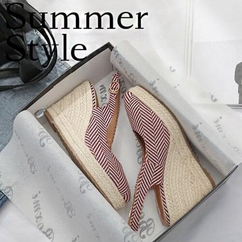 Summer New Style 2021 European and American Style Striped Single Shoes Ladies Pointed Toe Thick-soled Straw High Heels