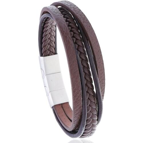 New Jewelry Simple Multilayer Leather Bracelet Stainless Steel Magnet Buckle Mens Cowhide Bracelet