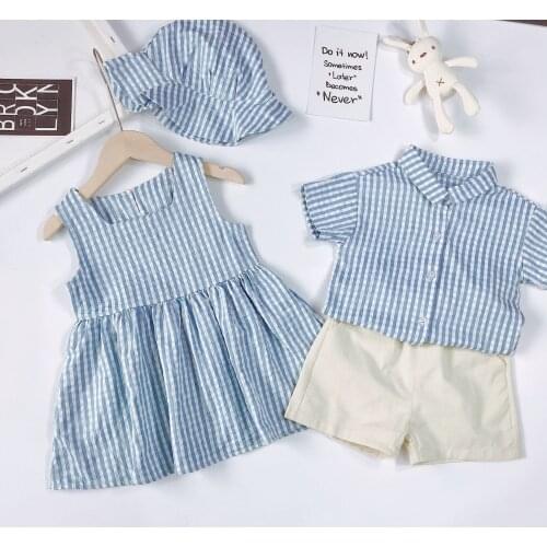 Family Look Brother And Sister Summer New Boys And Girls Matching Clothes Sets Girl Plaid Vest Dress Boys Shirt Shorts 2pcs Sets