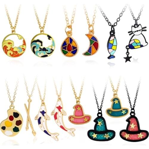 Colorful Irregular pattern Pendant Necklace Round wave cat fish crescent sun paint brush Magic Hat Fashion alloy necklace