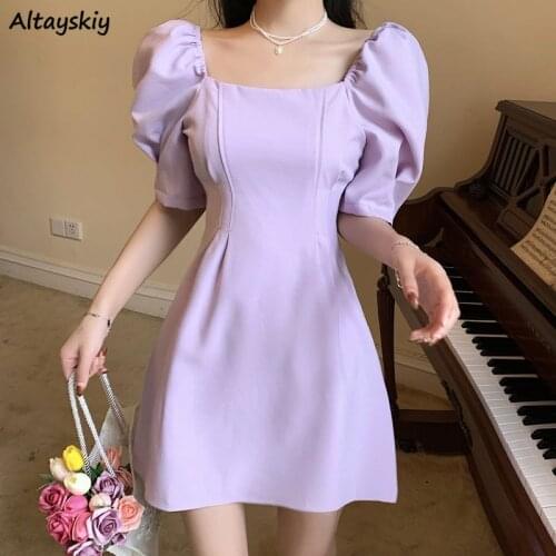 Dresses Women Pure Color Fashion Simple Cozy Casual Ulzzang Summer Square Collar Girlish Sudaderas Para Party Clubwear Sexy Lady
