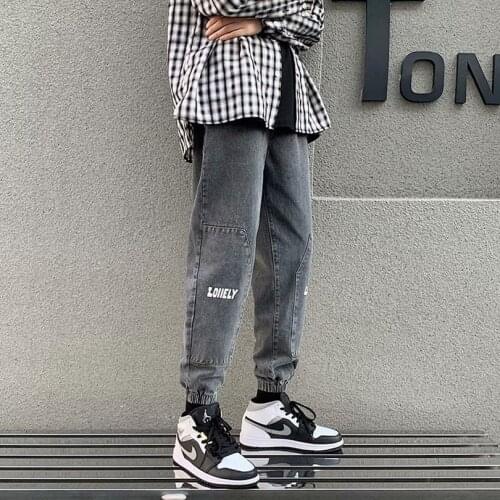 All-match 2021 Fashion drawstring student elastic band jeans teen straight loose pants trendy Harlan tie-foot mens trousers