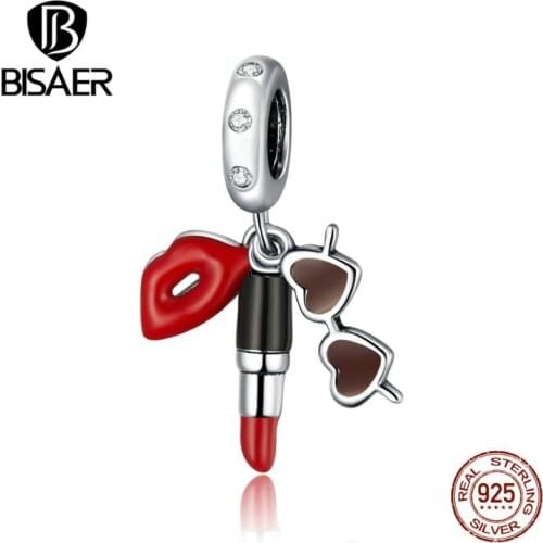 BISAER Lipstick and Sunglasses Beads 925 Sterling Silver charms Fit Bracelet Necklace Pendant Fashion Jewelry Gift EFC346