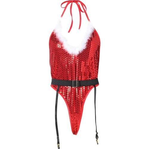 Xmas Womens Christmas Themed Slim Bodysuit Deep V Neck Sleeveless Halter Sequins Sexy Jumpsuit One-piece with Waistband 2020