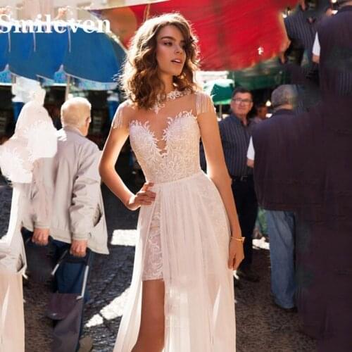 Smileven Sexy Beach Wedding Dress Cap Sleeve Appliques Bride Dresses Side Split Spaghetti Strap Vestido De noiva Wedding Gowns