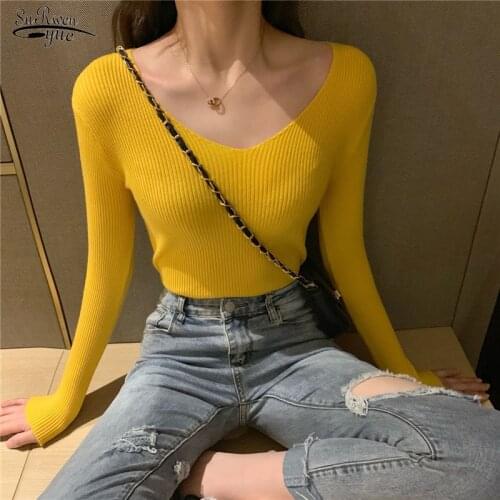 Autumn Winter V-Neck Sweater Women Pullovers Womens Knitted Sweater Solid Sweaters Slim Long Sleeve Korean Pull Femme 10818