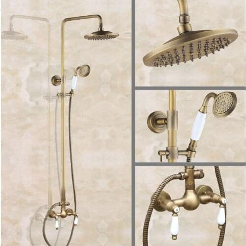Retro Antique Brass Wall Mounted 8 Inch Rain Bathroom Rainfall Shower Faucet Set Double Handle Hand Spray Head Mixer Tap 2an118