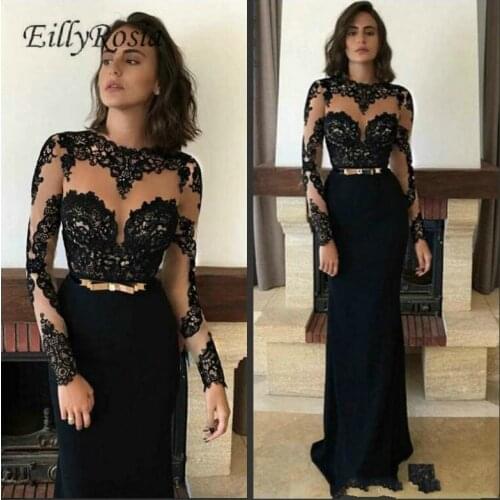 Sexy Illusion Long Sleeve Black Evening Dress Mermaid See Through Lace Appliques Elegant Evening Gowns vestido de festa longo
