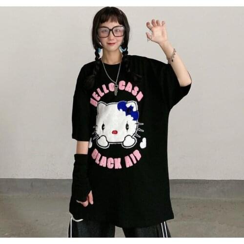 Harajuku Summer Street Cartoon Stereoscopic Letters Embroidery Short Sleeve T-shirt Women Harajuku Loose O-neck Pullovers Tops