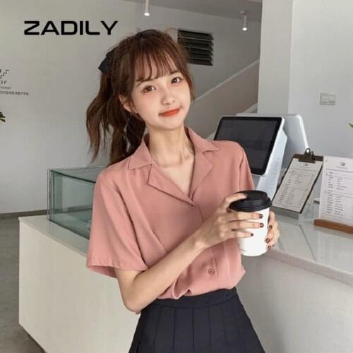 ZADILY 2021 Summer Sweet Short Sleeve JK Women Shirt Blouse Solid Loose Ladies Chiffon Shirts Button Notched Collar Female Tops