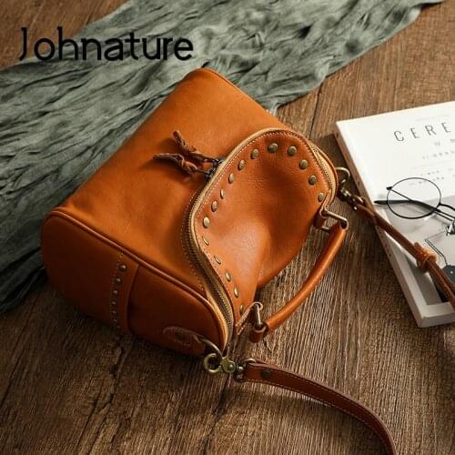 Johnature Simple Genuine Leather Women Bag 2020 New Fashion Rivet Solid Color Cowhide Handbag Vintage Handmade Shoulder Bags