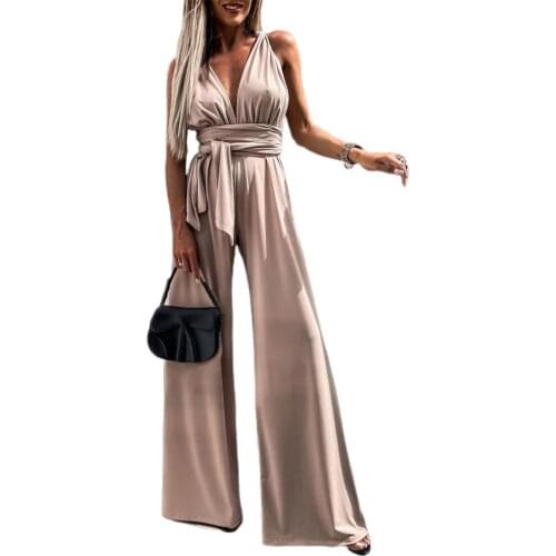 Elegant Women Jumpsuits Sleeveless Romper V Neck Backless High Waist Wide Leg Elegant Jumpsuit Banquet Party Female mono mujer