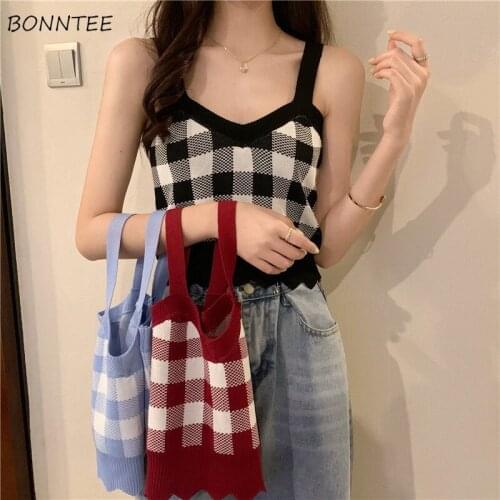 Camis Women Korean Style Sexy V-neck Panelled Plaid Knitting Crop Tops Cute Summer Skinny Fashion Backless Sleeveless Casual Ins