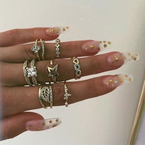 Fashion Boho Vintage Gold Star Moon Rings Set for Women Geometric Crystal Love Flowers Finger Ring Female Bohemian Jewelry Gifts