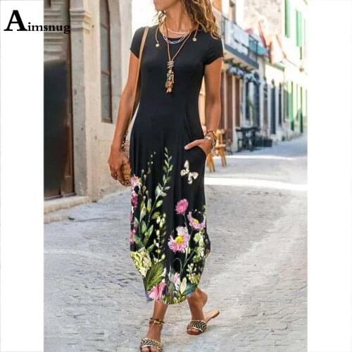 Plus Size Women Elegant Long Dress Short Sleeve O-neck Bohemian Party Dresses 2021 Ladies Vintage Flower Print Casual Maxi Dress