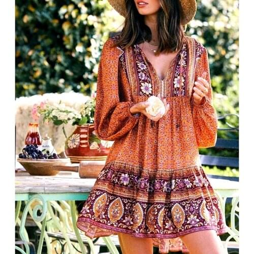 AYUALIN Lantern Long Sleeve Mini Dresses Women Tunic Robe Vintage Cotton rayon Floral Print Tassel Short Dress Boho Beach 2021
