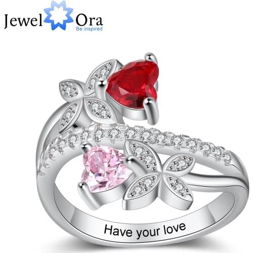 JewelOra Personalized Butterfly Engraved Ring with 2 Heart Birthstones Cubic Zirconia Paved Wedding Engagement Rings for Women
