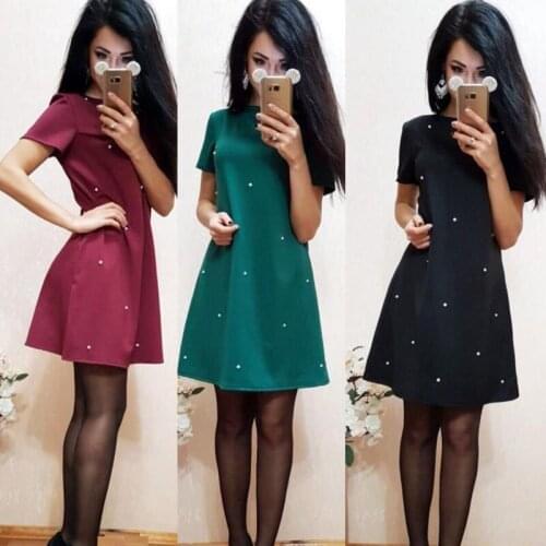 Dress Women Summer handmade pearl nail bead contracted fashionable dress short sleeves Dresses Casual Vestidos ZXP0444