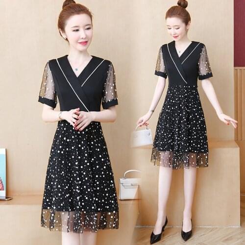 Half Open Collar Dress Female 2020 New Fashion Short Sleeve Summer Dress Large Size Womens Mesh Slim Dot Office Vestidos K506