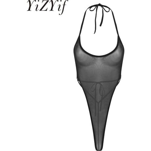 Women See Through Sheer Mesh Lingerie Bodysuit Nightwear Halter Neck Sleeveless Strappy Backless High-cut Thong Leotard Bodysuit