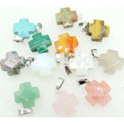 2020 hot Natural Stone Mix Quartz Crystal Tiger Eye Opalite Charms Faceted Cross Pendant For Jewelry Making Necklace 24PC