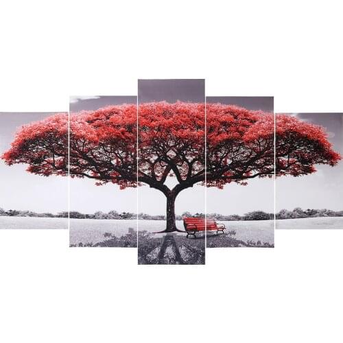 5pcs/set Unframed Wall Art Canvas Painting Red Tree Wall Sticker Triple Poster for Home Bedroom Hotel Decoration