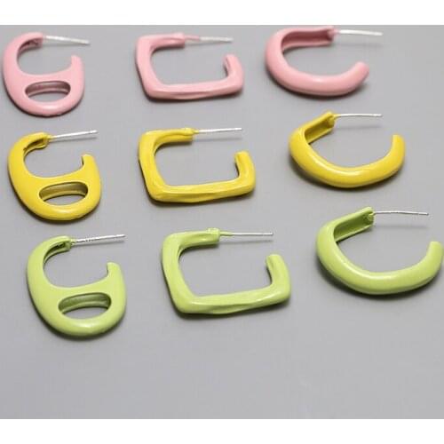 6pcs New Korean multicolor Stud Earrings For ladies alloy pull ring square c-shaped earrings diy jewelry accessories materials