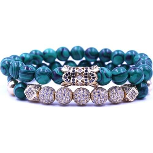8mm 2PCS/Set ydg2 gold elastic adjusted nature malachite bead micro pave cz zircon cubic zirconia tube Bracelet