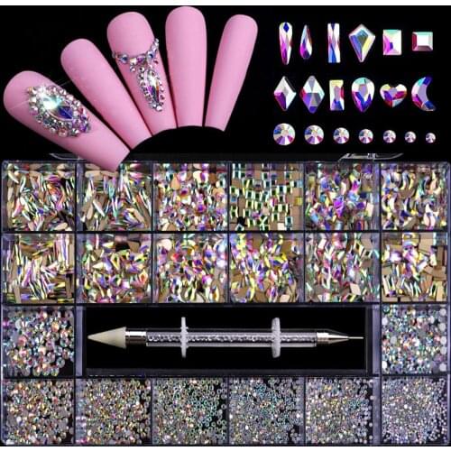 Free Shipping 21Grid/Box Glass Crystal Manicure Flat Special-shaped Rhinestone DIY Nail Art Jewelry Set With 1 Pick Up Pen
